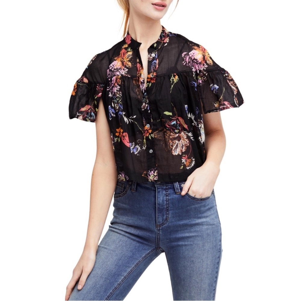 Free People Sweet Escape Cropped Cotton Blouse Black Floral Size Medium